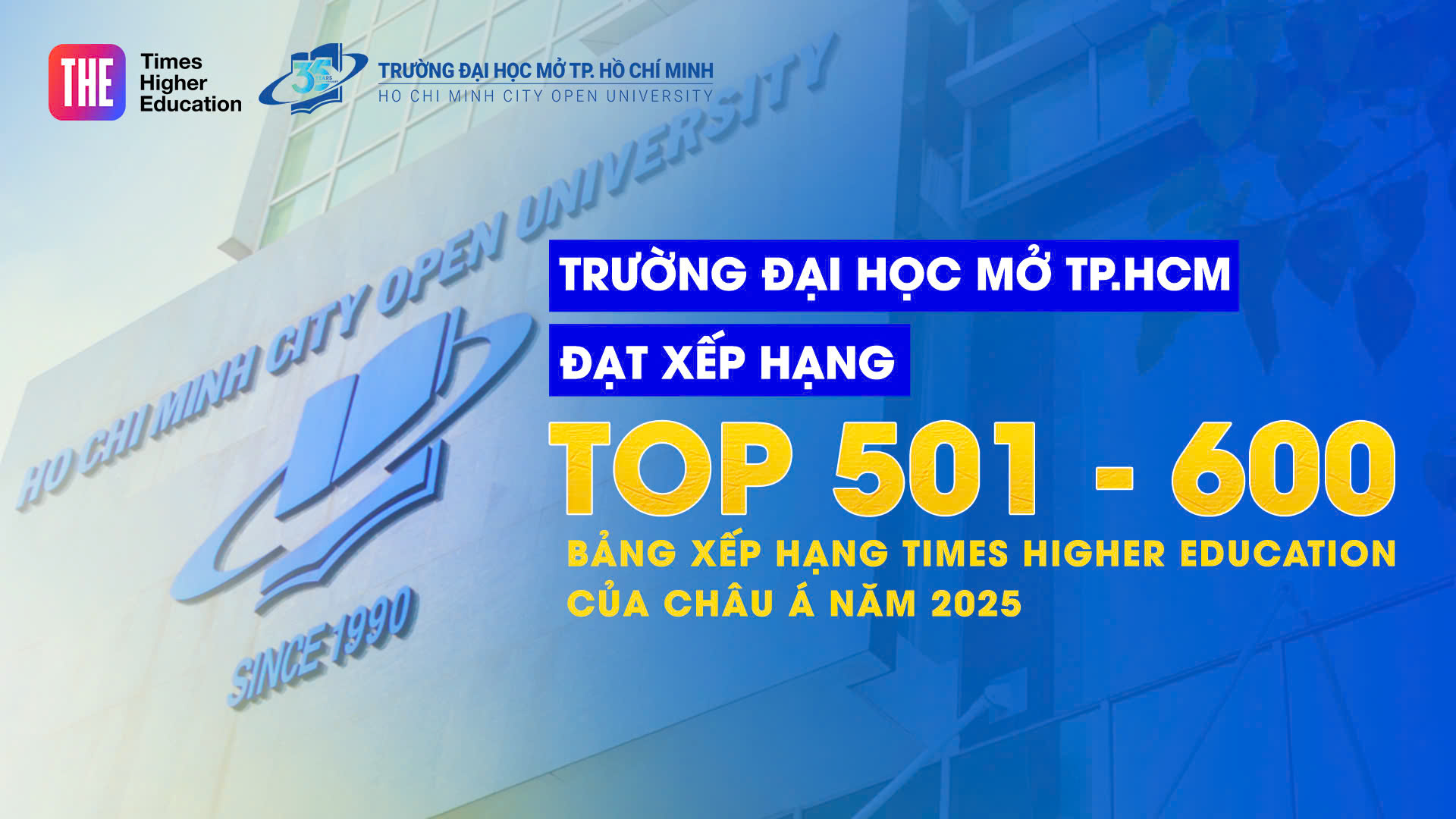 Trường Đại học Mở TP.HCM lần đầu góp mặt trong Top 501-600 Đại học tốt nhất châu Á trên bảng xếp hạng Times Higher Education 2025